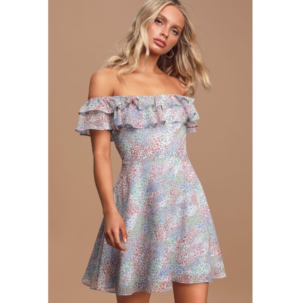 Lulu’s Light Blue Floral Off-the-Shoulder Dress
